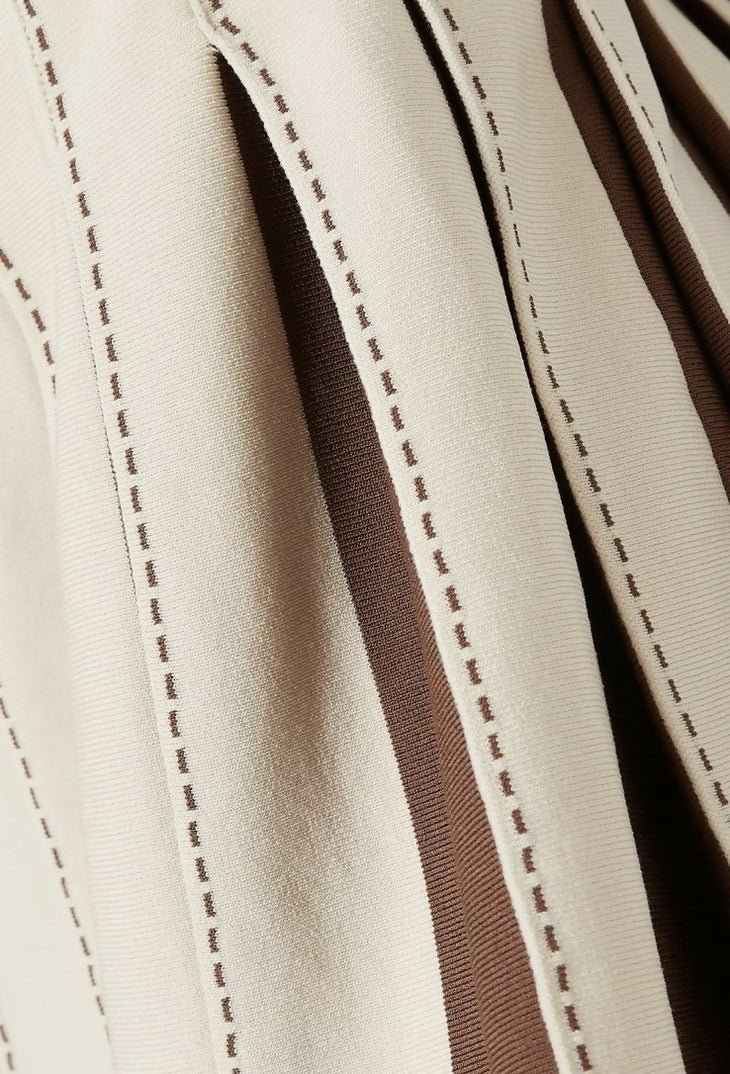 Cream pleated knit dress with brown contrast stripes and decorative stitching detail — Elisabetta Franchi | Endless UAE