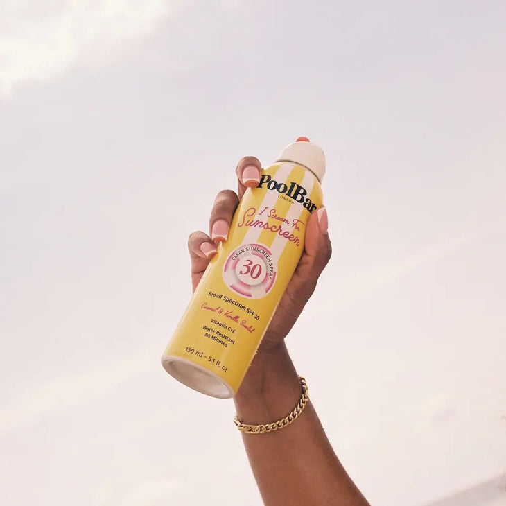 I Scream For Sunscreen SPF 30 spray bottle with yellow and white striped design — PoolBar London | Endless UAE