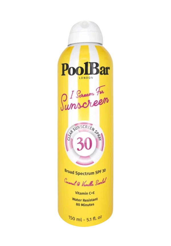 I Scream For Sunscreen SPF 30 spray bottle with yellow and white striped design — PoolBar London | Endless UAE