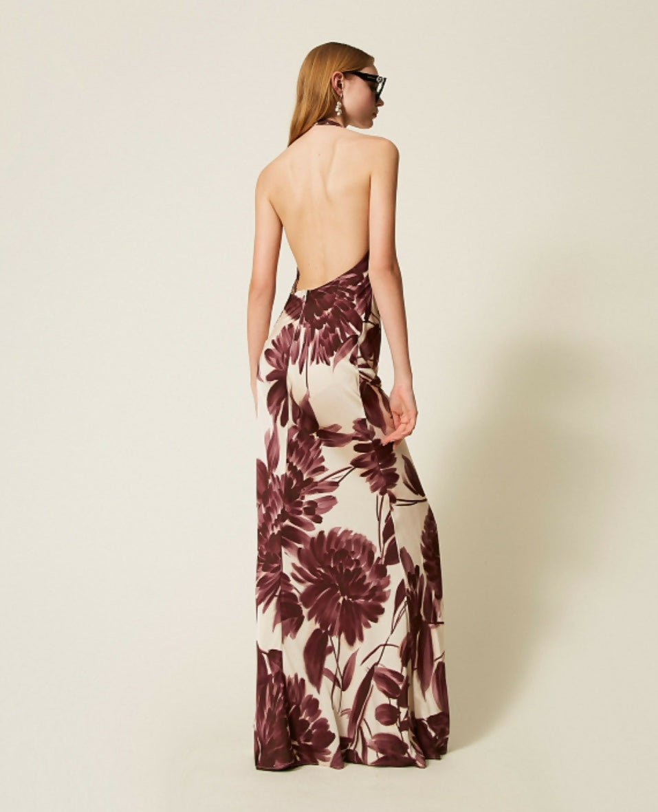 Long halter floral print dress in burgundy and cream — Twinset | Endless UAE