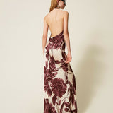 Long halter floral print dress in burgundy and cream — Twinset | Endless UAE