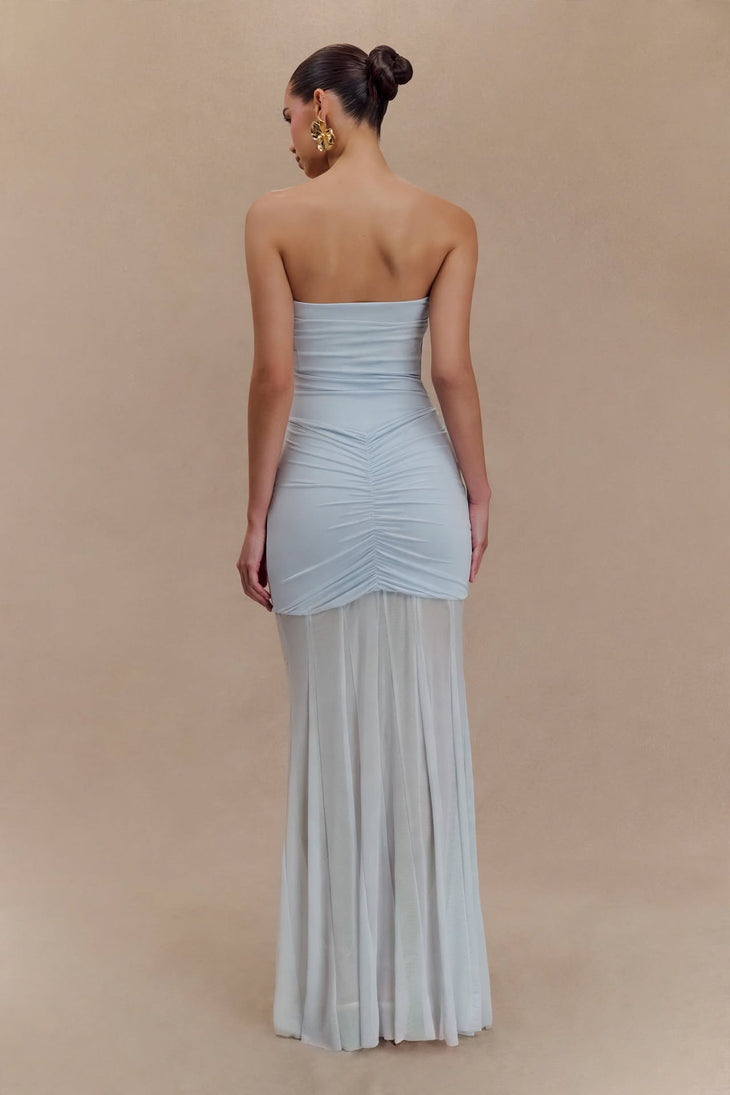 Light blue off-shoulder maxi dress with ruched waist and mesh skirt detail — Meshki | Endless UAE