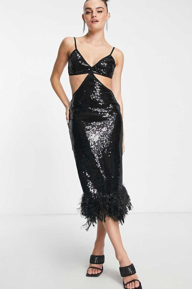 Strappy Sequin Maxi Dress with Faux Fur Hem - Endless - UAE Rental and Resale for Women's Fashion