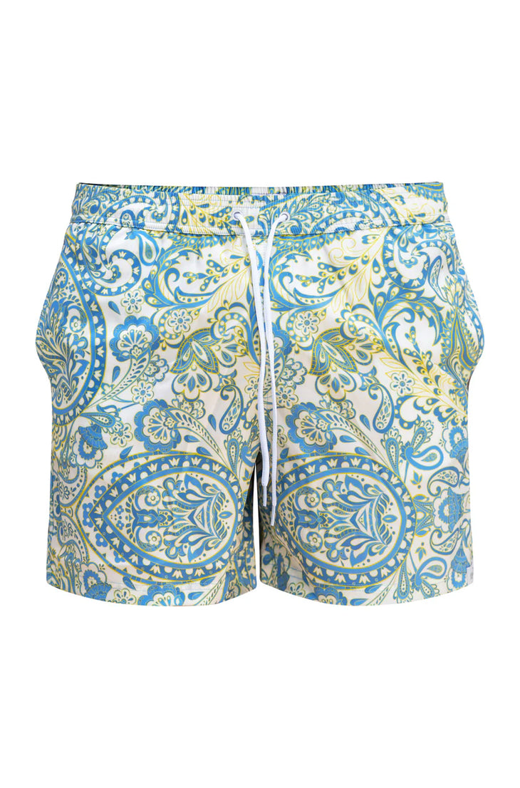 Blue and yellow paisley print swim trunks with white drawstring and elastic waistband — Miharo | Endless UAE