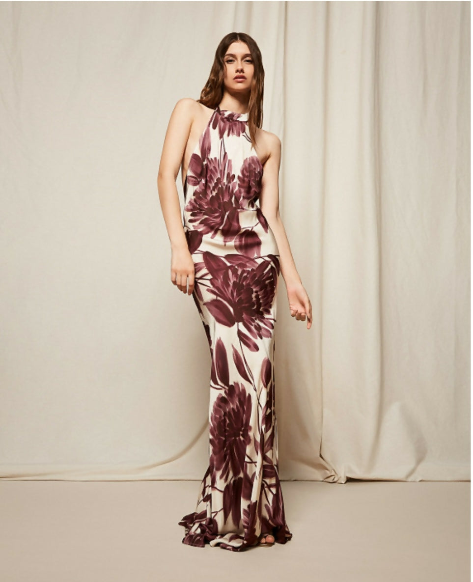 Long halter floral print dress in burgundy and cream — Twinset | Endless UAE