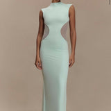 Mint green sleeveless maxi dress with mesh side cutouts and high neckline — Endless | Endless UAE