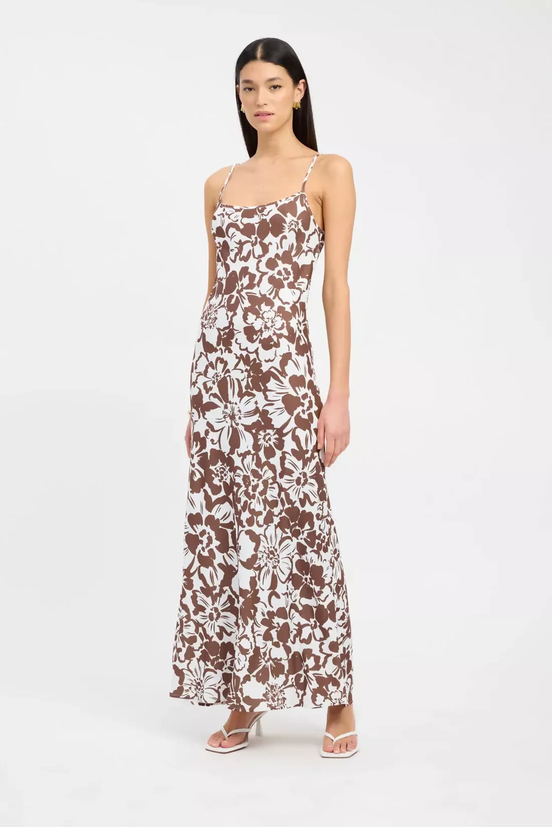 Maxi dress with brown and white floral print, thin shoulder straps, and A-line silhouette — Kookai | Endless UAE