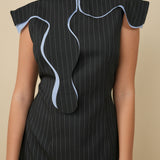Black pinstriped sleeveless dress with blue curved collar detail — Udianna | Endless UAE