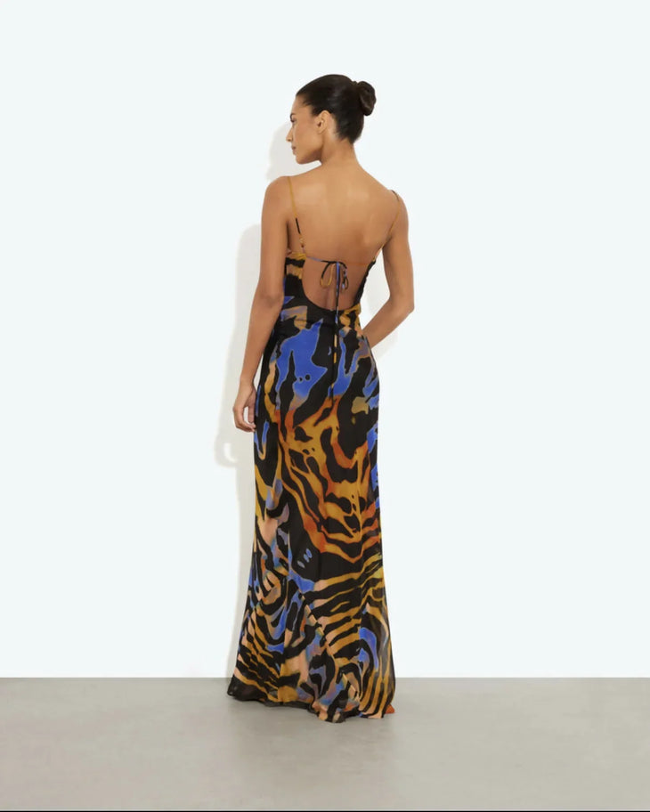 Woman wearing Fabienne Dress in multicolored tiger stripe print with spaghetti straps — Rat & Boa | Endless UAE