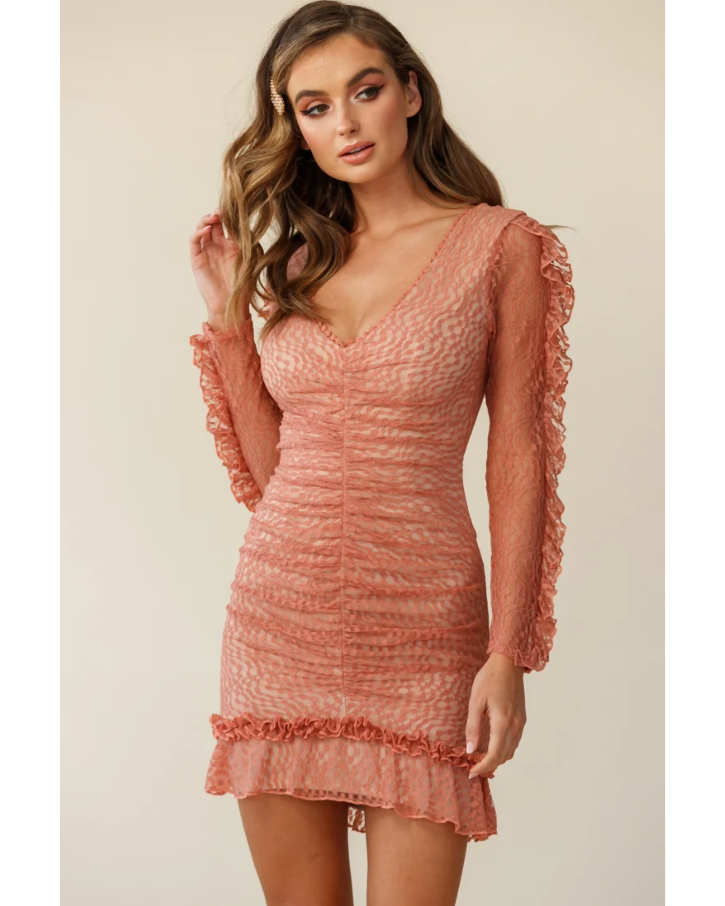 Tamara Ruched Long Sleeve Lace Mesh Dress Rose - Endless - UAE Rental and Resale for Women's Fashion