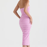 Pink textured strapless corset midi dress with ruched detailing, shown from back, paired with nude heels — House of CB | Endless UAE