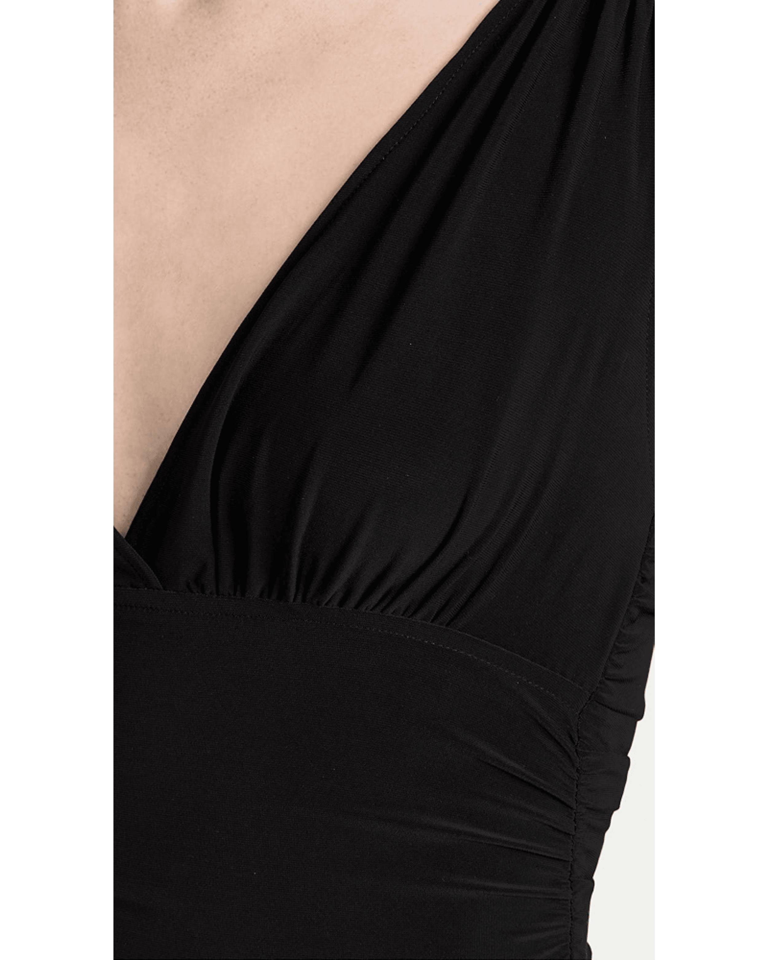 Close-up of black side-draped gown showing gathered fabric detail and V-neckline — Norma Kamali | Endless UAE
