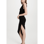 Woman wearing black sleeveless side draped gown with asymmetric hemline and ruched detailing — Norma Kamali | Endless UAE