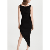 Black sleeveless asymmetric draped gown with side slit, back view shown on model — Norma Kamali | Endless UAE