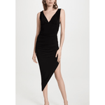 Black sleeveless V-neck gown with ruched side draping and asymmetric hem slit — Norma Kamali | Endless UAE