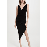 Black sleeveless V-neck gown with ruched side draping and asymmetric hem slit — Norma Kamali | Endless UAE