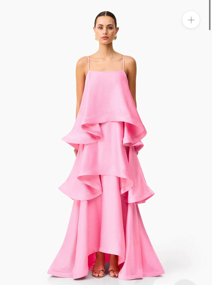 Pink tiered ruffle camisole gown with high-low hem — Endless | Endless UAE