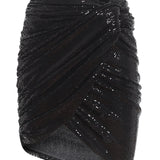 Black sequined asymmetric mini skirt with ruched detailing and wrap-style hem — The Attico | Endless UAE