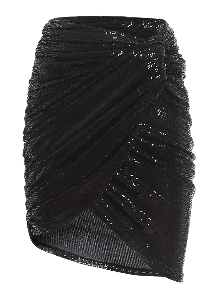 Black sequined asymmetric mini skirt with ruched detailing and wrap-style hem — The Attico | Endless UAE