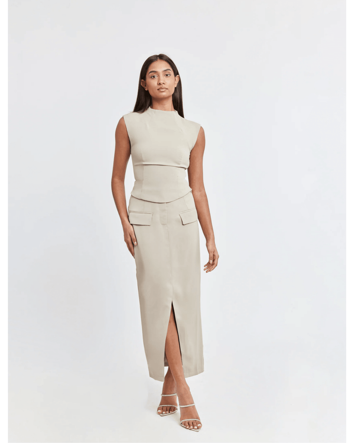 The Ultimate Muse Midi Top & Skirt Co-ord in Taupe - Endless - UAE Rental and Resale for Women's Fashion