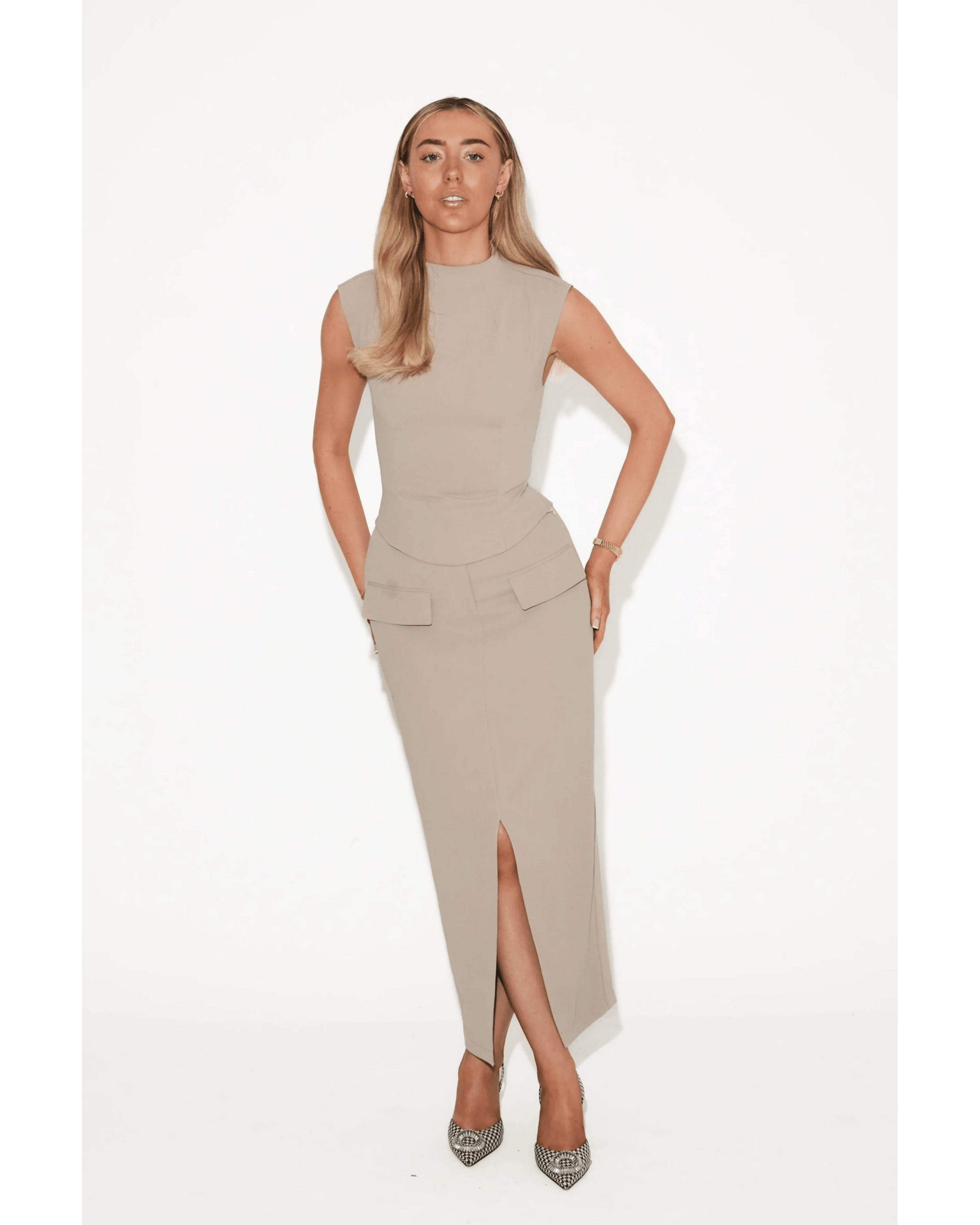 The Ultimate Muse Midi Top & Skirt Co-ord in Taupe - Endless - UAE Rental and Resale for Women's Fashion