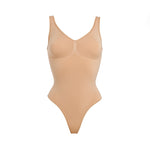 Beige thong bodysuit with adjustable straps and compression panels — Underhance | Endless UAE