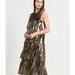 Metallic gold tiered plisse party dress with sleeveless design and pleated layers — Baum Und Pferdgarten | Endless UAE