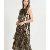Metallic gold tiered plisse party dress with sleeveless design and pleated layers — Baum Und Pferdgarten | Endless UAE
