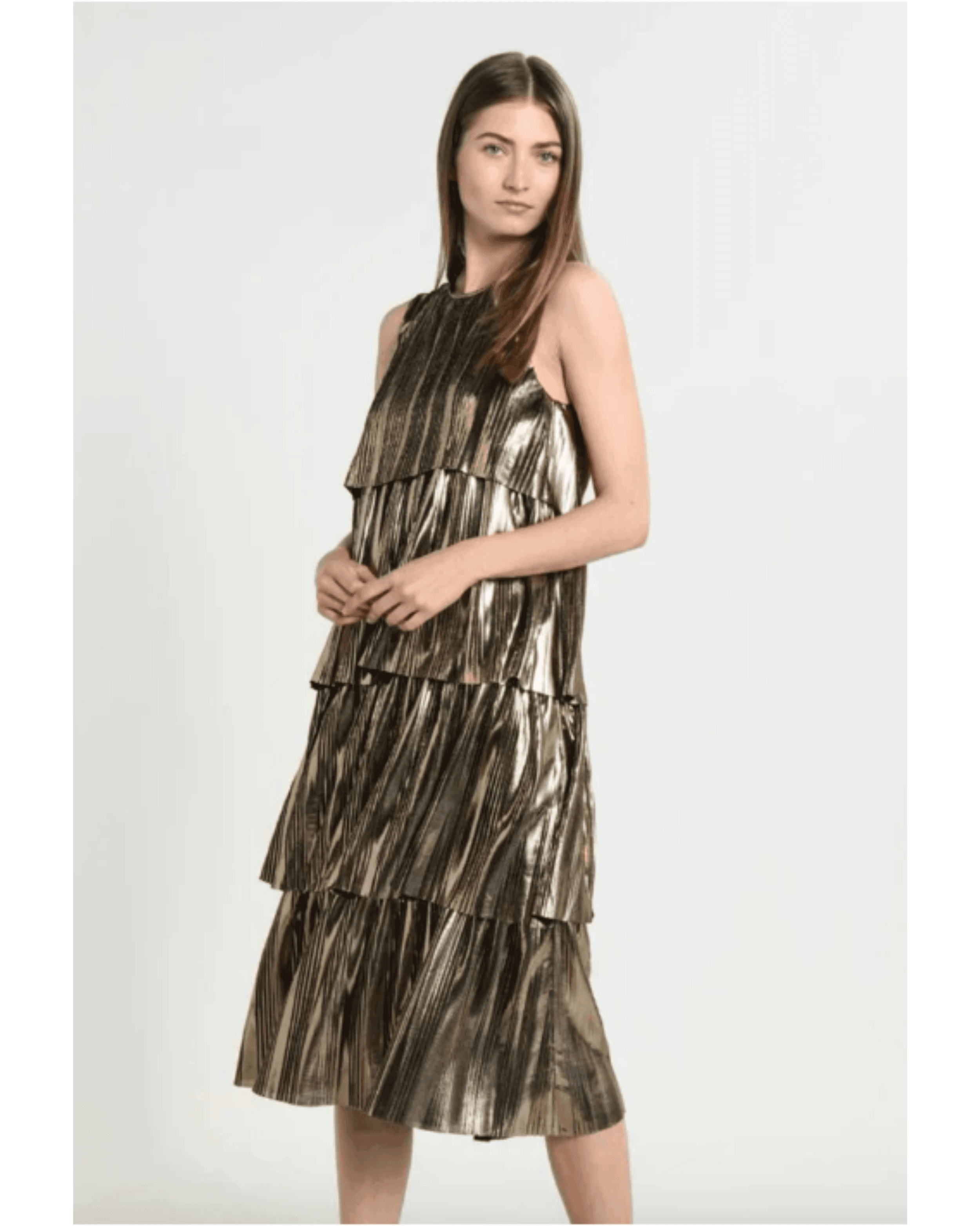 Metallic gold tiered plisse party dress with sleeveless design and pleated layers — Baum Und Pferdgarten | Endless UAE