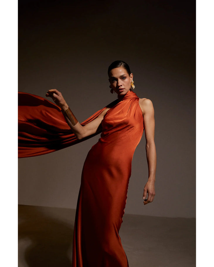 Elegant burnt orange halter neck satin gown with flowing drape detail — Kaoa | Endless UAE