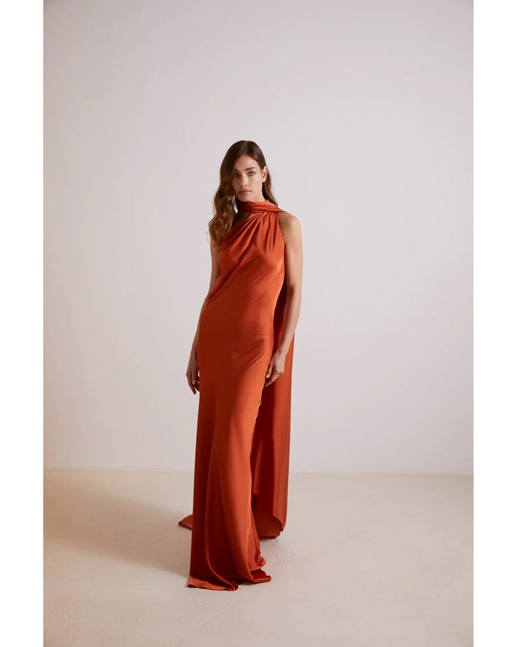 Elegant sleeveless orange evening gown with draped neckline detail and flowing silhouette — Kaoa | Endless UAE