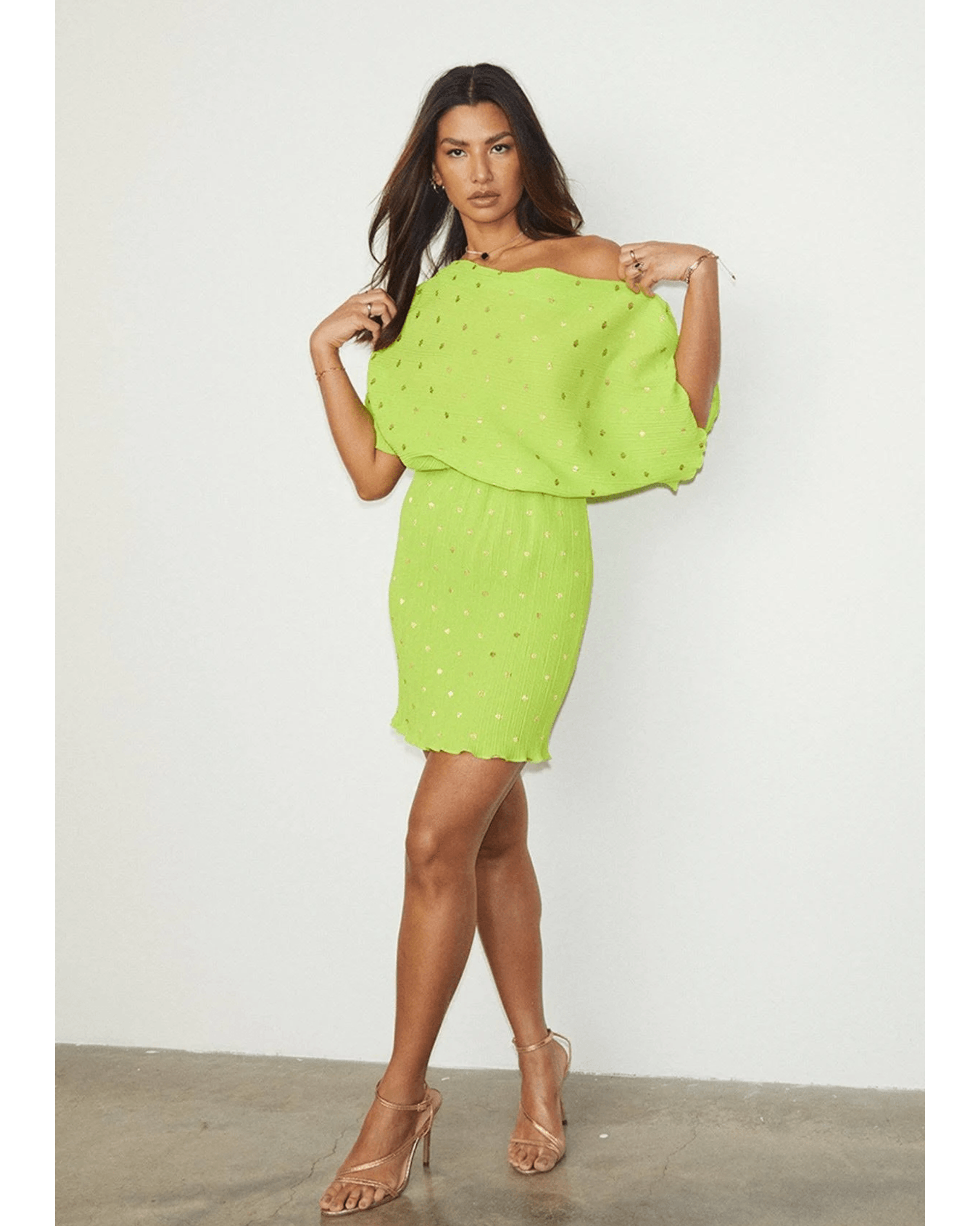 Tilly gold fleck plisse mini dress in lime - Endless - UAE Rental and Resale for Women's Fashion
