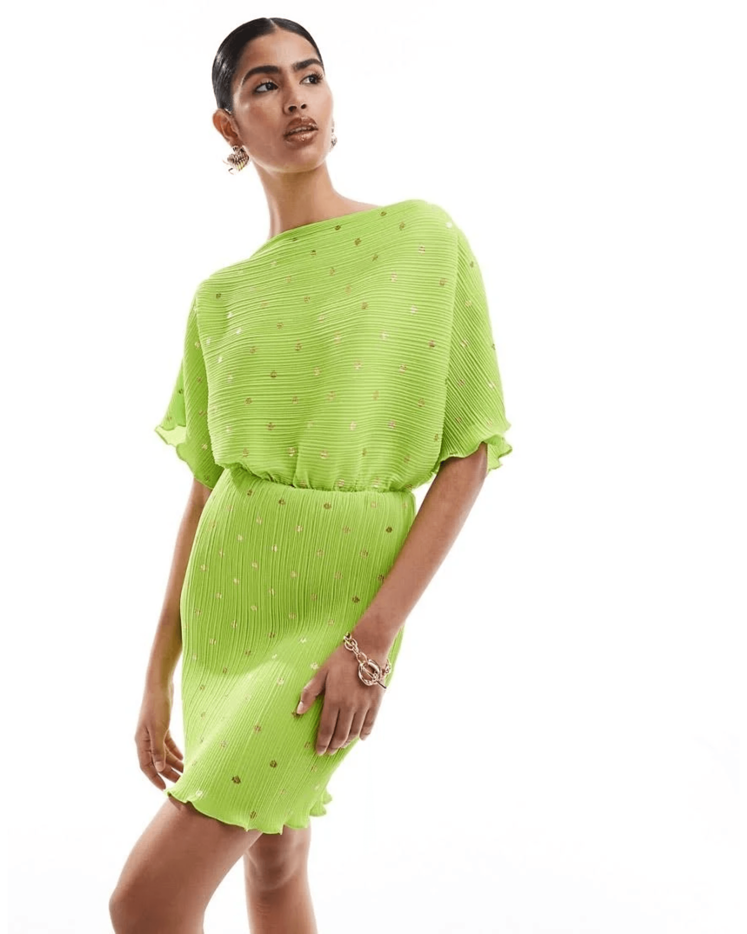 Tilly gold fleck plisse mini dress in lime Endless Tilly gold fleck plisse mini dress in lime Endless