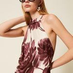 Long halter floral print dress in burgundy and cream — Twinset | Endless UAE