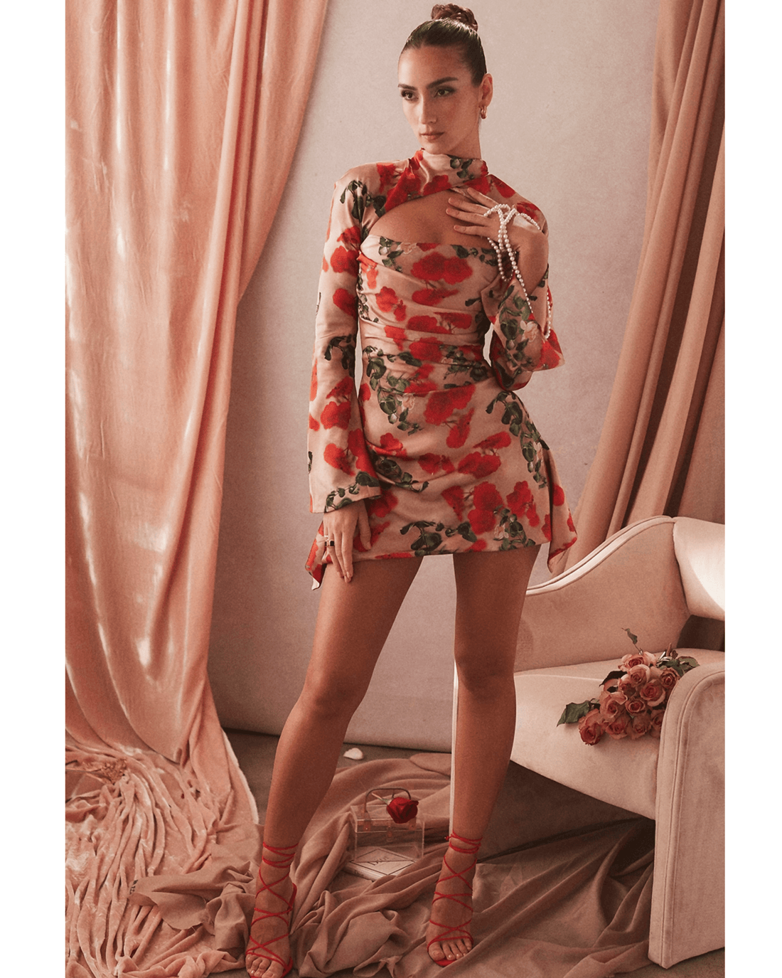 House OF CB Womens Rose Print Toira Long-sleeved Corseted Satin Mini Dress 10/12