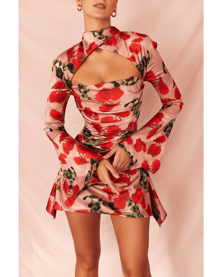 House OF CB Womens Rose Print Toira Long-sleeved Corseted Satin Mini Dress 10/12