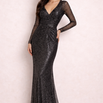 Elegant black glitter maxi dress with sheer long sleeves and V-neckline on model against pink background — Lipsy London | Endless UAE