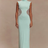 Mint green sleeveless maxi dress with mesh side cutouts and high neckline — Endless | Endless UAE
