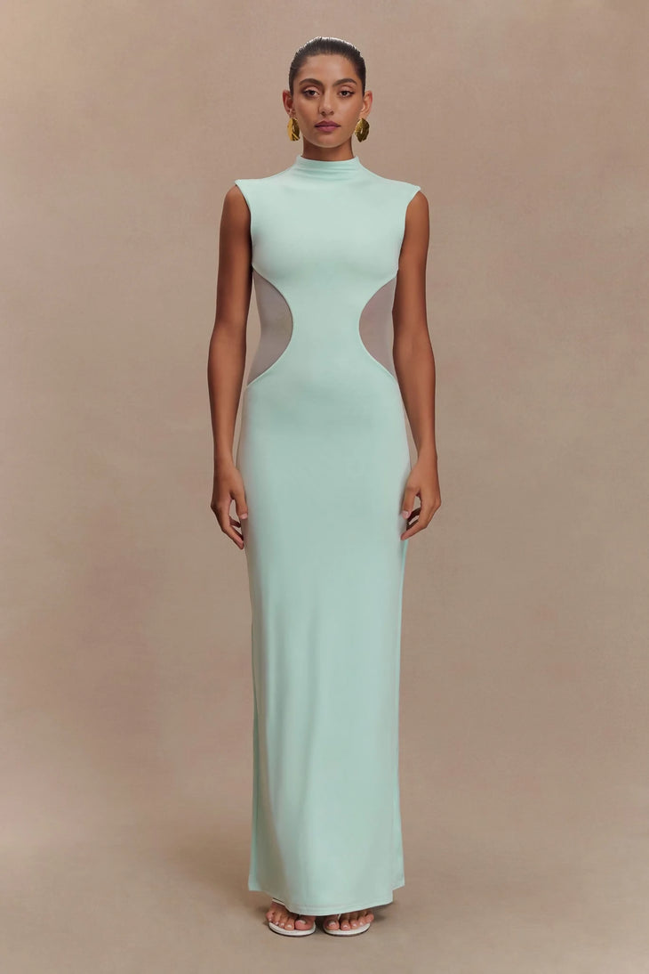 Mint green sleeveless maxi dress with mesh side cutouts and high neckline — Endless | Endless UAE