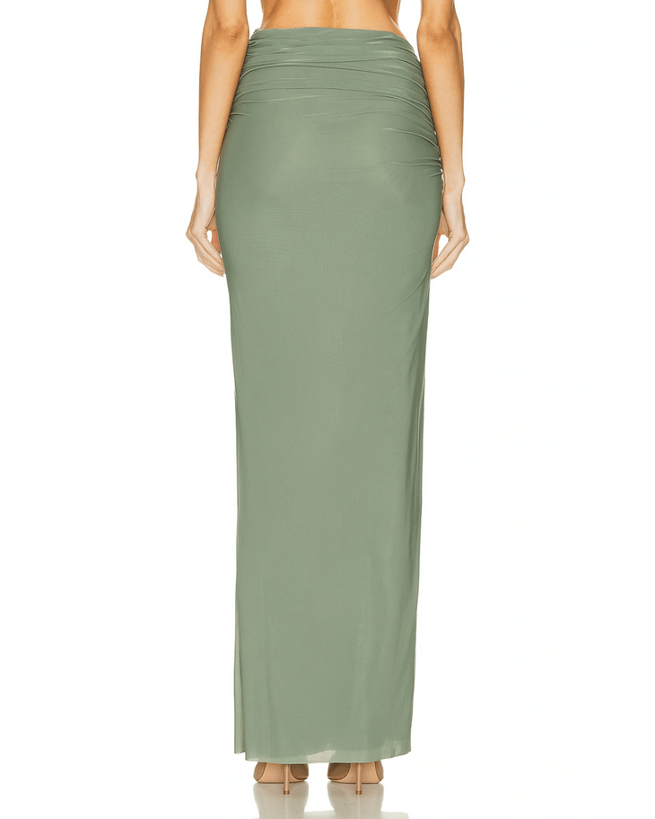 Sage green sheer jersey maxi skirt with ruched waistband and form-fitting silhouette — Christopher Esber | Endless UAE