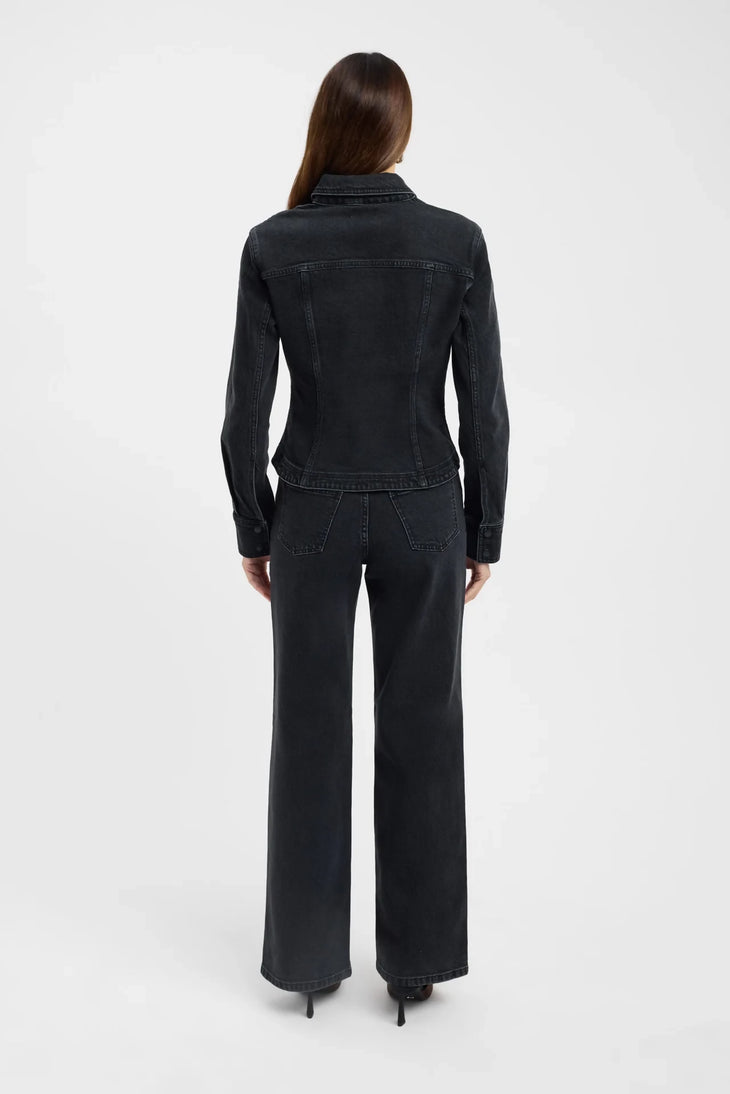 Black denim co-ord set with fitted jacket and wide-leg pants, back view — Kookai | Endless UAE