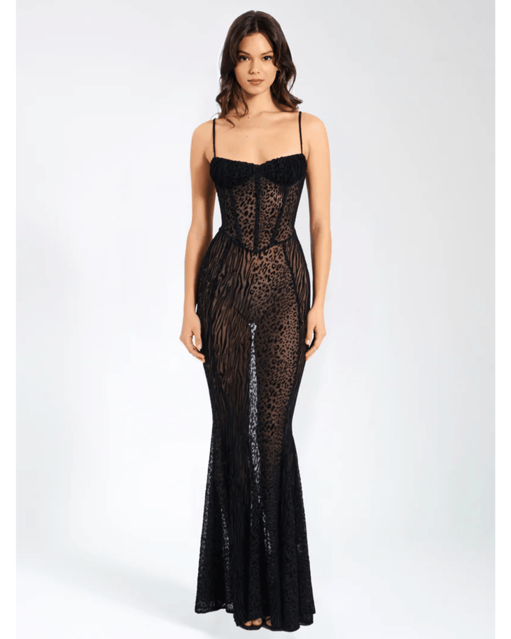 Ulani Burnout Velvet Detail Mesh Maxi Dress - Endless - UAE Rental and Resale for Women's Fashion