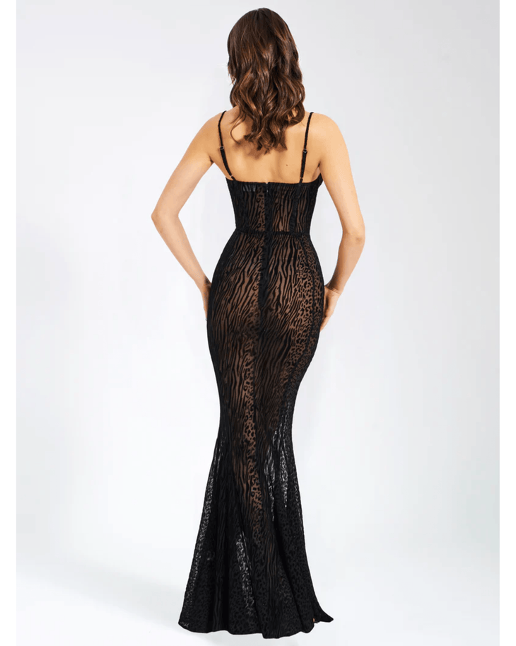 Ulani Burnout Velvet Detail Mesh Maxi Dress - Endless - UAE Rental and Resale for Women's Fashion