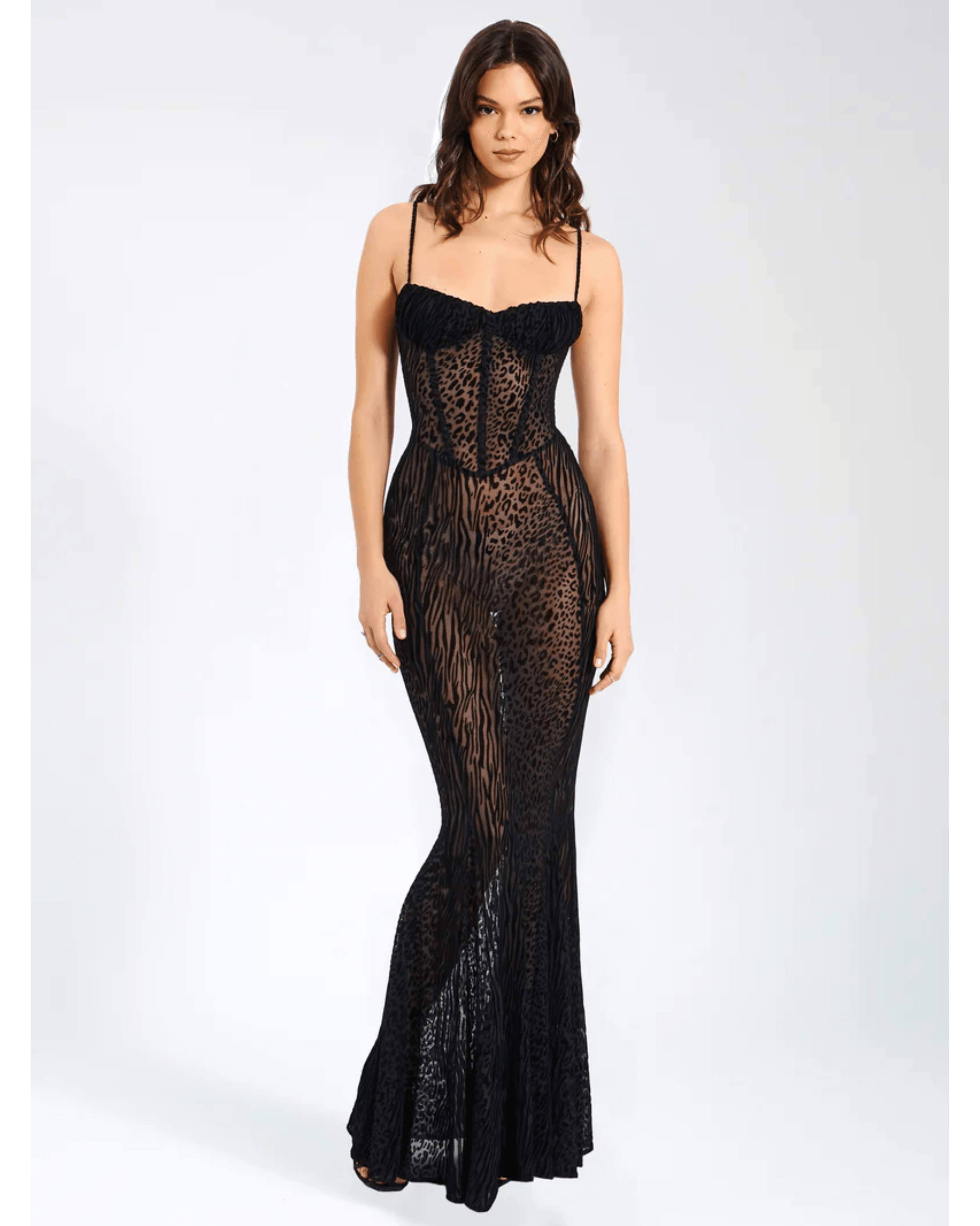 Ulani Burnout Velvet Detail Mesh Maxi Dress - Endless - UAE Rental and Resale for Women's Fashion