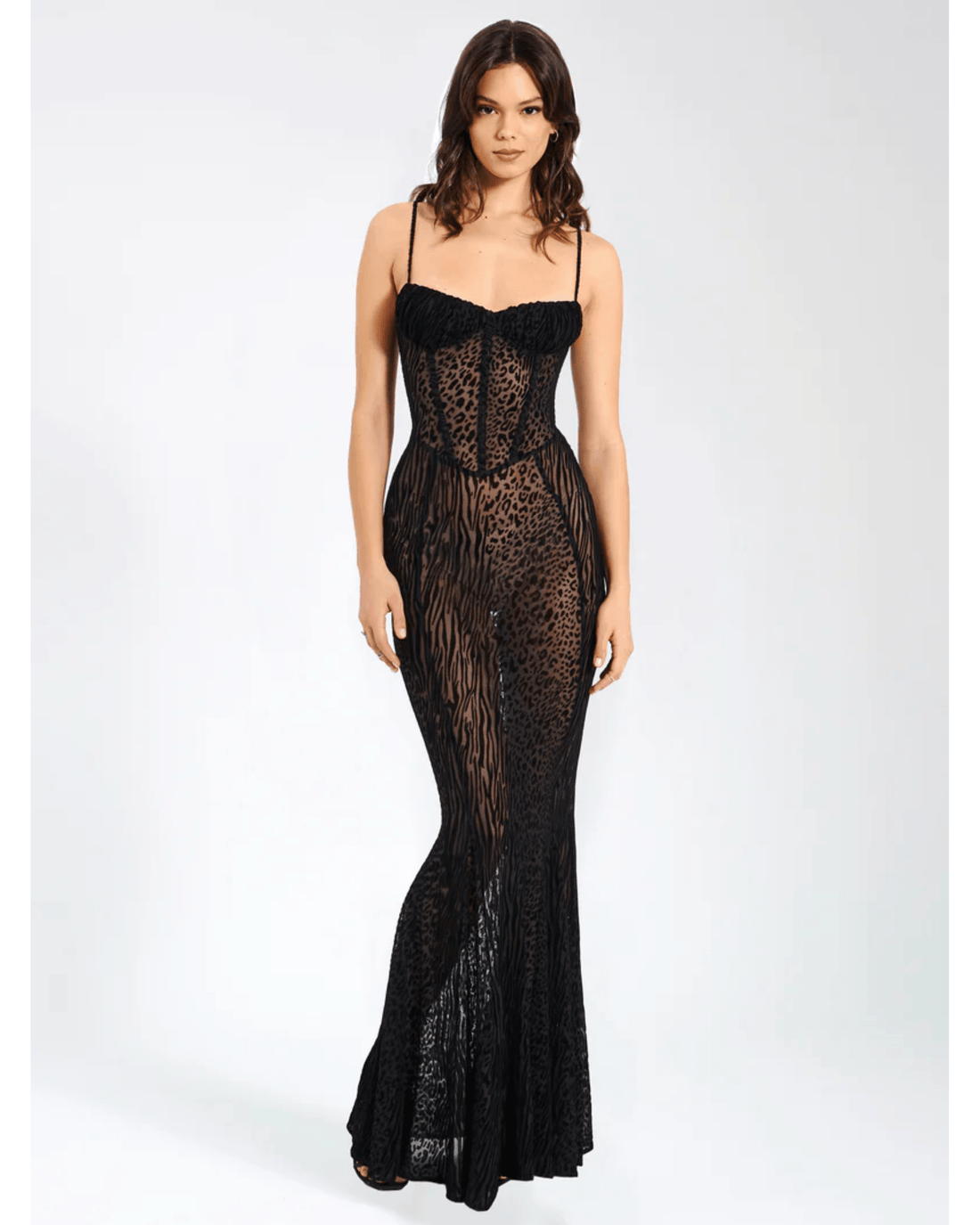 Ulani Burnout Velvet Detail Mesh Maxi Dress - Endless - UAE Rental and Resale for Women's Fashion
