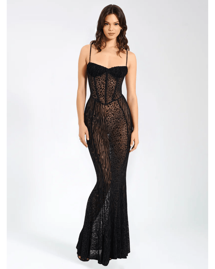 Ulani Burnout Velvet Detail Mesh Maxi Dress - Endless - UAE Rental and Resale for Women's Fashion