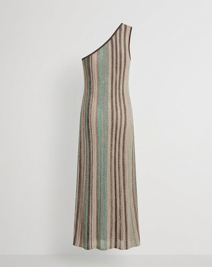 Metallic striped one-shoulder jumpsuit in turquoise, beige and brown vertical stripes — Missoni | Endless UAE