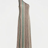 One-shoulder metallic striped knit jumpsuit in teal, pink and brown tones — Missoni | Endless UAE