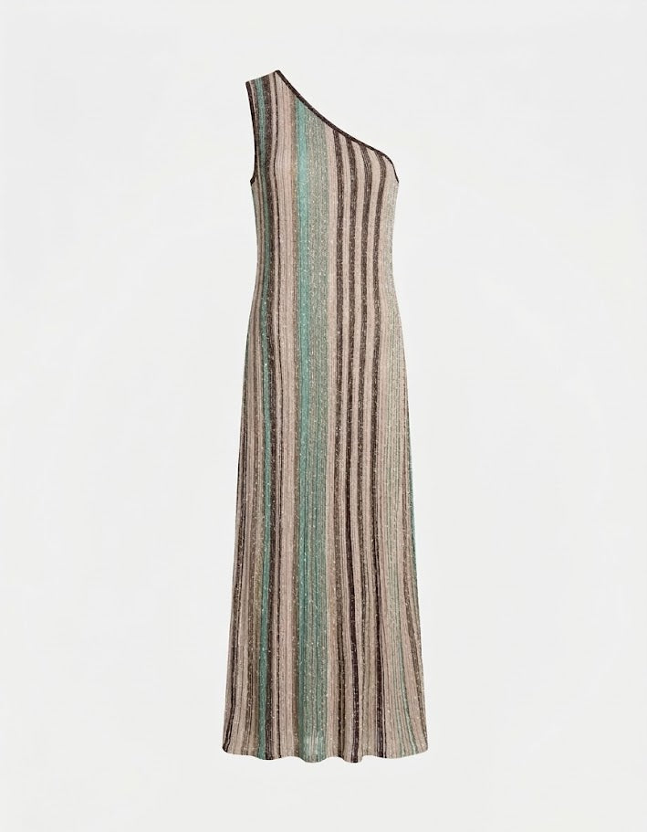 One-shoulder metallic striped knit jumpsuit in teal, pink and brown tones — Missoni | Endless UAE