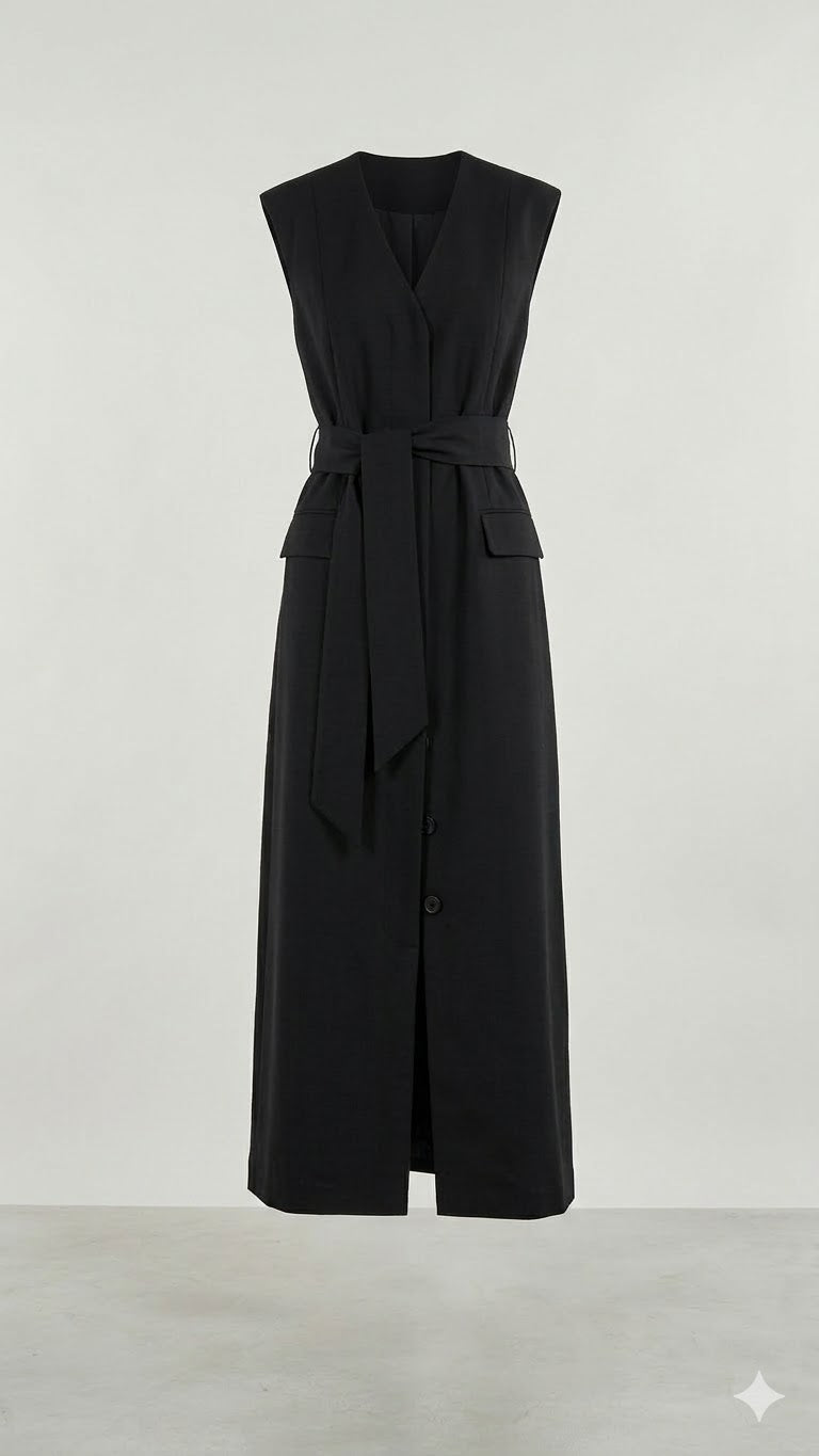 Woman wearing black sleeveless belted maxi dress by the seaside — LA Collection | Endless UAE